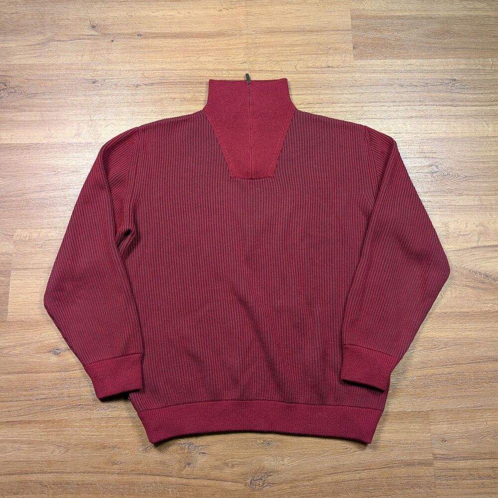 Zegna Sport 1/4 Zip Pullover Sweater Men XL Red Wool Rib Knit High Neck Flaw*
